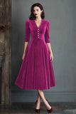 Burgundy A Line V Neck Midi Plus Size Velvet Dress with Half Sleeves