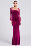 Velvet Mermaid Dark Green Square Neck Long Sleeve Formal Dress