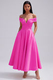 Off The Shoulder Yellow Ruched A Line Midi Wedding Guest Dress