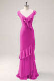 Dusty Sage Sheath V Neck Open Back Chiffon Long Bridesmaid Dress with Ruffles