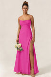 Green Flower A Line Spaghetti Straps Chiffon Long Bridesmaid Dress with Slit