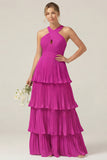 Lilac Halter Keyhole A Line Tiered Ruffle Pleated Bridesmaid Dress