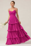 Dark Green A Line Ruched Pleated Spaghetti Straps Tiered Bridesmaid Dress