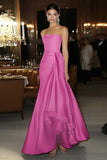Pink Strapless Sheath Satin Formal Dress with Ruffles
