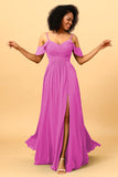 A Line Spaghetti Straps Long Chiffon Bridesmaid Dress With Slit