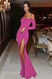 Off The Shoulder Black Sheath Formal Dress With Slit
