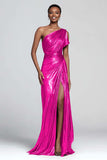Brown One Shoulder Metallic Sheath Long Prom Dress with Slit