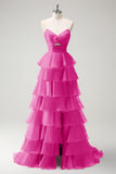 Hot Pink Sweetheart Princess Cut Out Tiered Long Prom Dress with Slit