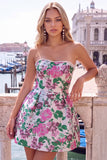 Pink Floral Jacquard Strapless A Line Homecoming Dress with Pearls