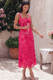 Blue Floral A Line Square Neck Midi Wedding Guest Dress