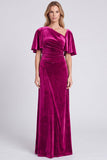 Dark Grey Asymmetrical Neck Velvet Formal Dress with Short Sleeves
