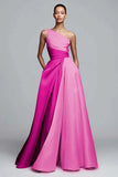Pink A-Line One Shoulder Ruched Long Formal Dress