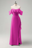 Light Green Sheath Off The Shoulder Chiffon Long Bridesmaid Dress with Ruffle Slit