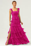 Dark Navy A-Line Square Neck Tiered Long Bridesmaid Dress