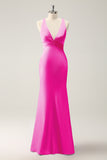 Elegant Pink Mermaid Deep V Neck Long Bridesmaid Dress with Lace Up Back