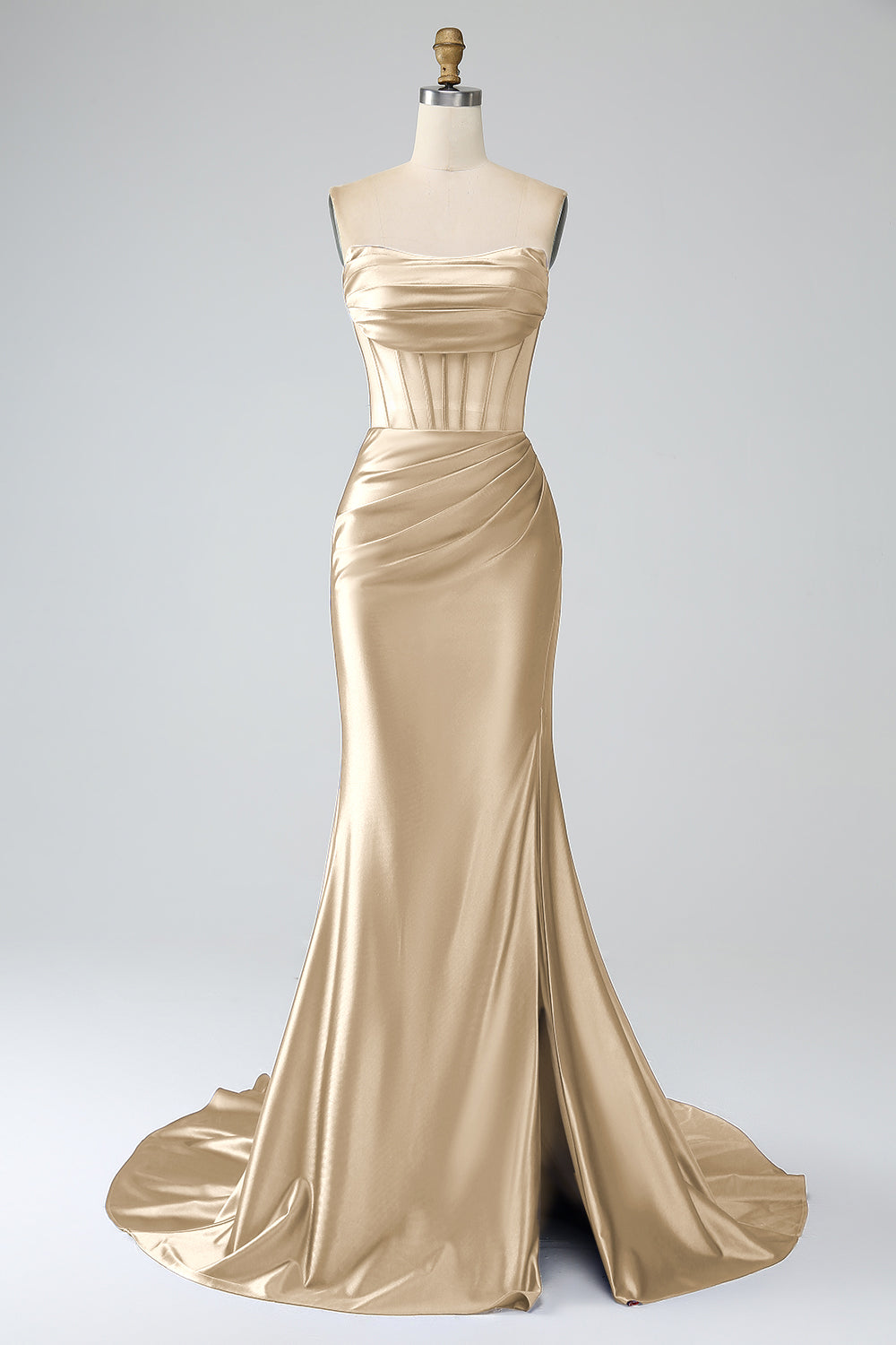 Mermaid Strapless Pleated Corset Long Royal Blue Prom Dress with Slit