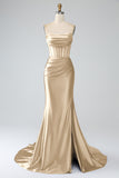 Mermaid Strapless Pleated Corset Long Royal Blue Prom Dress with Slit