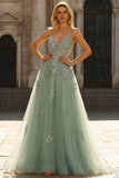 Green A-Line Spaghetti Straps Criss Cross Back Long Prom Dress with Appliques