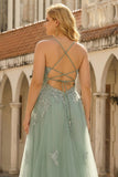 Green Plus Size A-Line Spaghetti Straps Criss Cross Back Long Prom Dress with Appliques