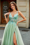 Light Green A-Line V Neck Floor-Length Split Tulle Prom Dress with Appliqued Beading