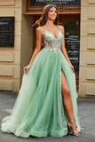 Light Green A-Line V Neck Floor-Length Beaded Tulle Prom Dress with Slit