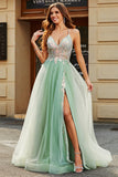 Light Green A-Line V Neck Floor-Length Beaded Tulle Prom Dress with Slit
