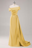 Champagne Mermaid One Shoulder Pleated Long Formal Dress with Side Streamer