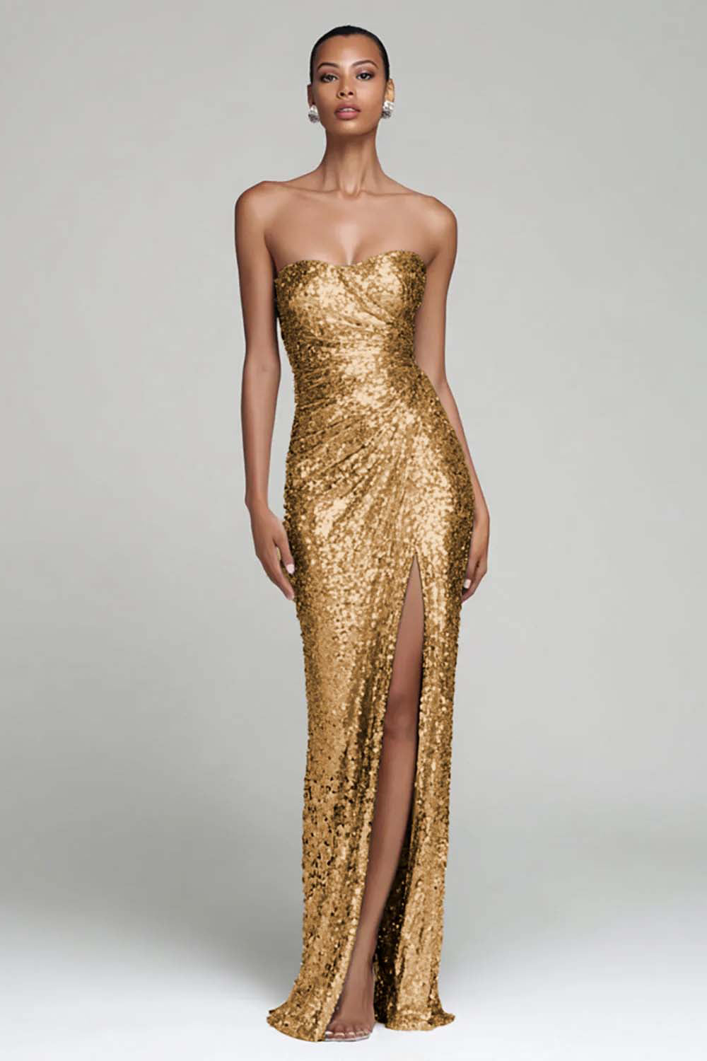 WEDTREND Women Sparkly Silver Holiday Party Dress with Slit Sheath Strapless Sequins Maxi Evening Dress, Gold / US22W