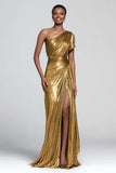 Brown One Shoulder Metallic Sheath Long Prom Dress with Slit