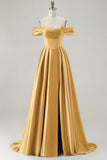 Off the Shoulder A Line Blue Satin Long Bridesmaid Dress with Slit
