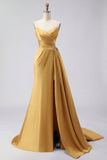 Royal Blue A Line Beaded Strapless Ruched Long Prom Dress with Slit