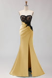 Black Green Strapless Mermaid Lace Appliqued Ruched Long Prom Dress with Slit
