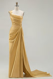 One Shoulder Green Sheath Ruched Long Prom Dress with Slit