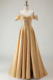 Off the Shoulder Purple A Line Beaded Corset Long Prom Dress with Slit