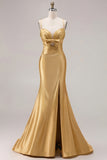 Mermaid Fuchsia Satin Cut Out Ruched Long Prom Dress with Slit