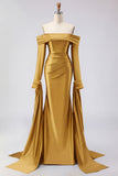 Off the Shoulder Dark Green Mermaid Ruched Prom Dress with Long Sleeves