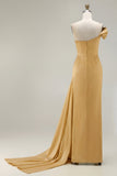 One Shoulder Green Sheath Ruched Long Prom Dress with Slit
