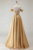 Off the Shoulder Purple A Line Beaded Corset Long Prom Dress with Slit