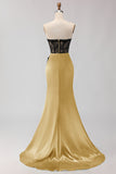 Black Green Strapless Mermaid Lace Appliqued Ruched Long Prom Dress with Slit