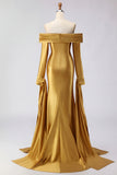 Off the Shoulder Dark Green Mermaid Ruched Prom Dress with Long Sleeves