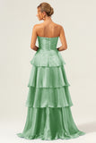 Blue A-Line Strapless Tiered Pleated Ruffled Floor Length Dress