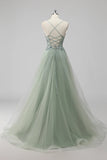 Sparkly A Line Spaghetti Straps Tulle Beaded Long Pink Prom Dress