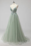 Sparkly A Line Spaghetti Straps Tulle Beaded Long Pink Prom Dress