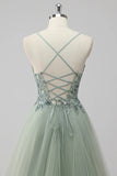 Sparkly A Line Spaghetti Straps Tulle Beaded Long Pink Prom Dress