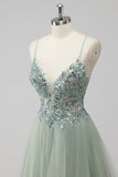 Sparkly A Line Spaghetti Straps Tulle Beaded Long Pink Prom Dress
