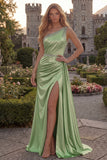 One Shoulder Light Blue A Line Ruched Prom Dress with Slit