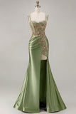 Black Mermaid Embroidered Beaded Lace Up Back Long Prom Dress with Slit