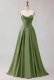 Golden A Line Beaded Strapless Corset Satin Long Prom Dress