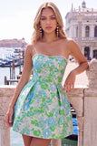 Pink Floral Jacquard Strapless A Line Homecoming Dress with Pearls