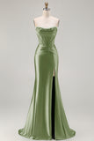 Dark Green Beaded Corset Strapless Mermaid Long Prom Dress with Slit